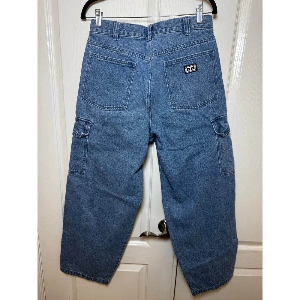 Obey Floral Embroidered Bigwig Cargo Jeans Medium Wash Wide Leg Size 30